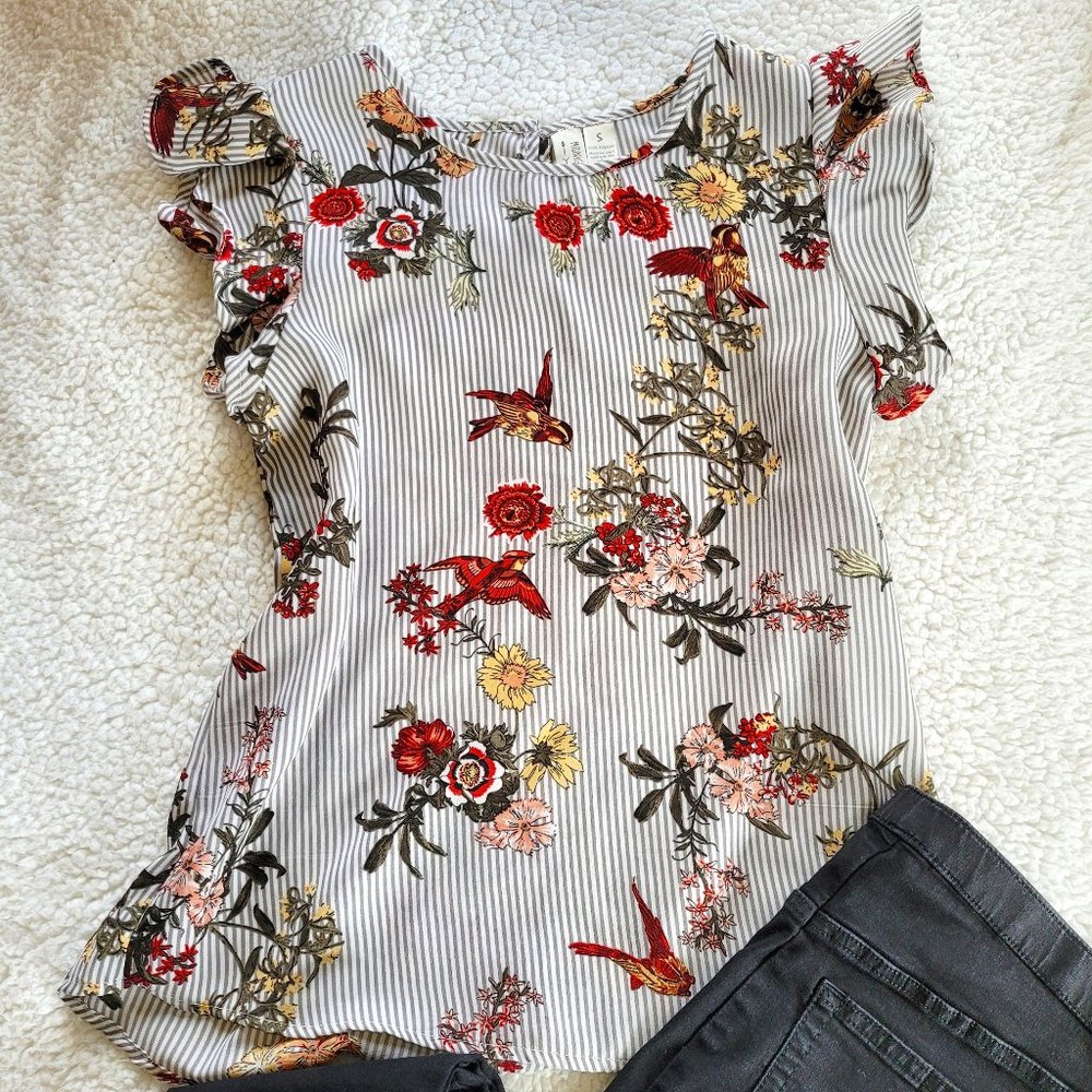 Midnight Sky Gray Striped Floral Top S